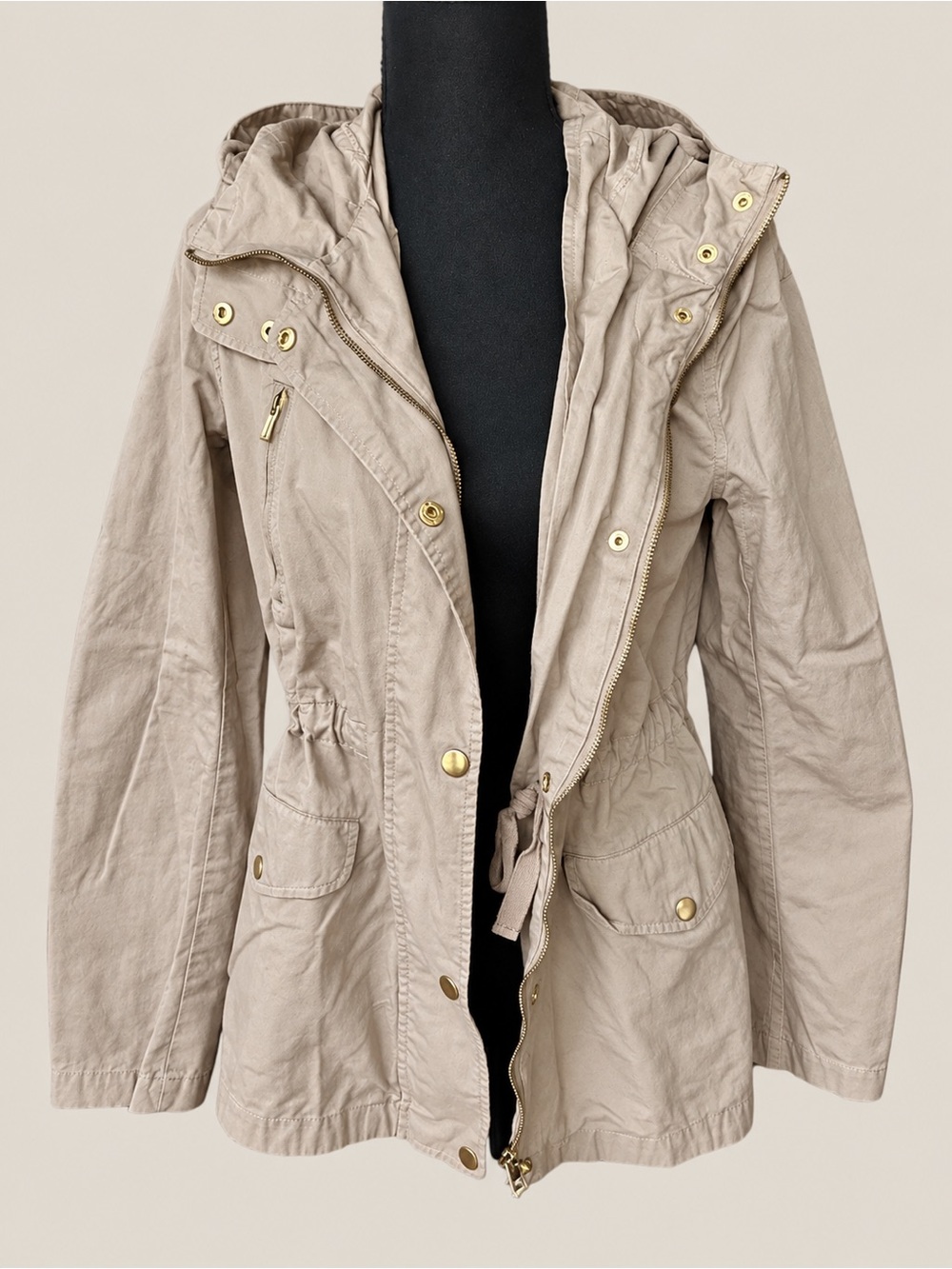 Love Tree Medium Khaki Hooded Utility Jacket Gold Hardware